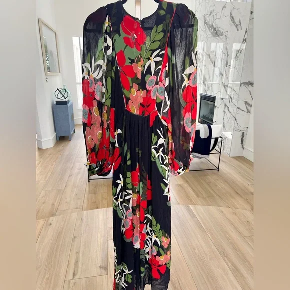 FARM for ANTHROPOLOGIE Rio Floral Maxi Dress - Black, Red, Green, Pink